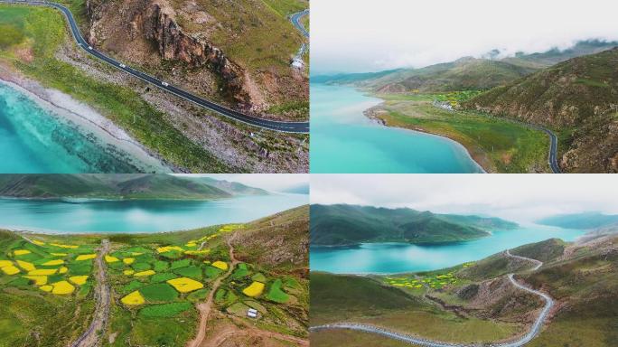 西藏羊湖乡村梯田山路风光