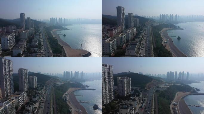 大连开发区海贝广场公路航拍大海