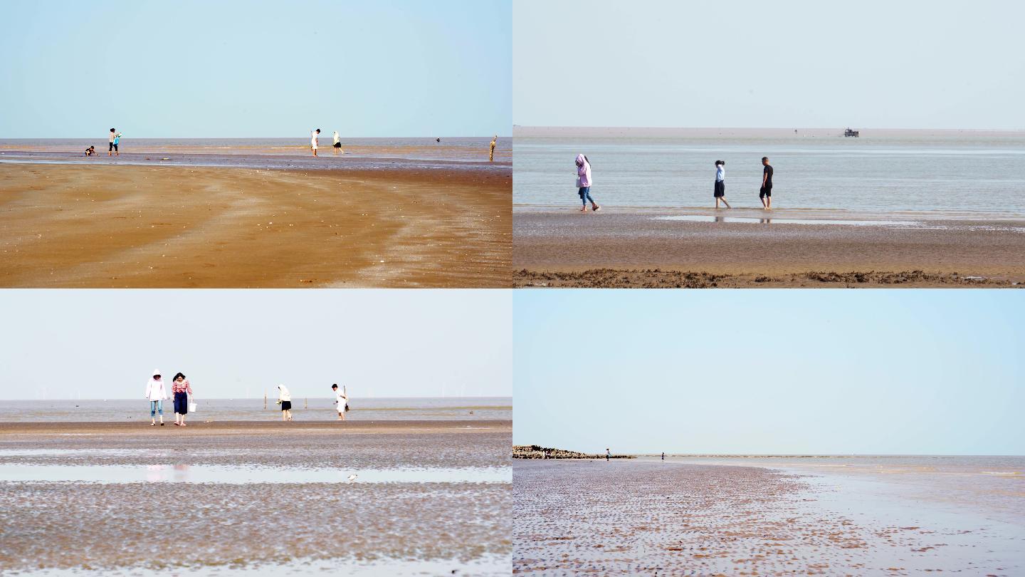 【4K】黄海滩涂景色和游玩的人们