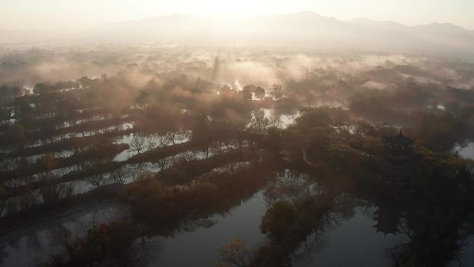 浙江省杭州市西溪湿地清晨日出航拍