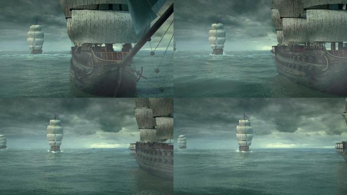 18世纪海面上三桅杆战船三维动画