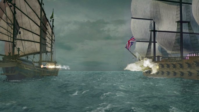 18世纪海面上战船火炮对射三维动画