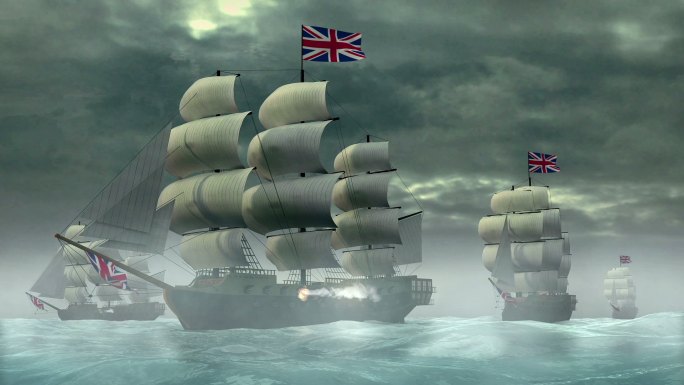 18世纪英国战船恻弦火炮开火三维动画