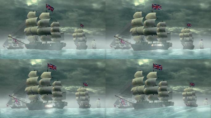 18世纪英国战船恻弦火炮开火三维动画