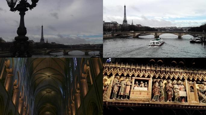 巴黎铁塔塞纳河及巴黎圣母院