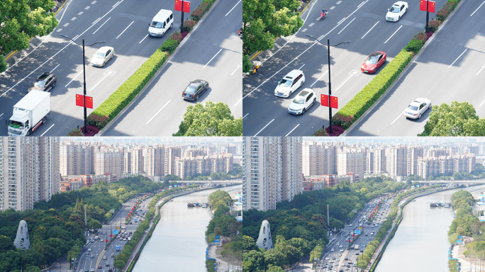 上海交通车流延时摄影城市绿化美丽家园