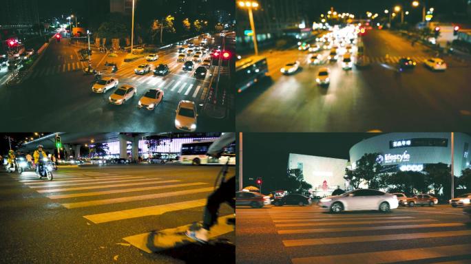4K商用城市夜景夜景车流道路斑马线红绿灯