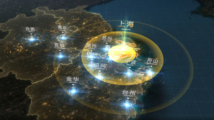 上海辐射长三角金色地图（视频素材）
