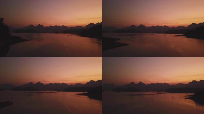 红色日落时湖泊的景观