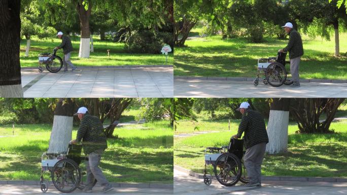 老人推着轮椅散步4k