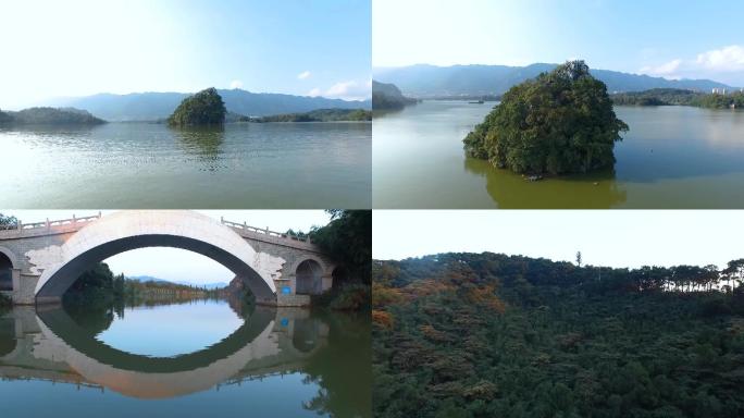 航拍高清湖面、小桥、高山