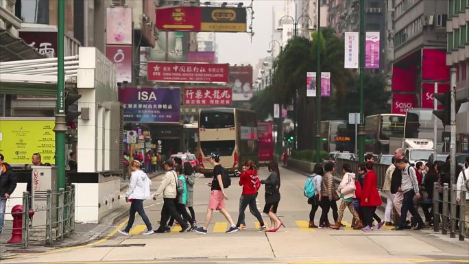 香港街头人流车流大巴士的士街景港风