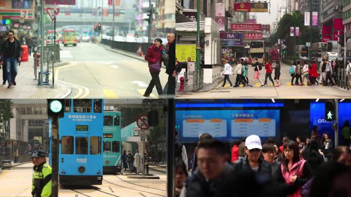 香港街头人流车流大巴士的士街景港风