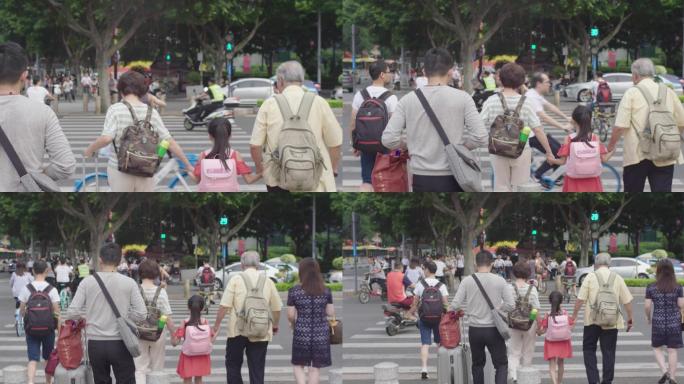 4K升格拍摄，广州一家人牵手过马路。