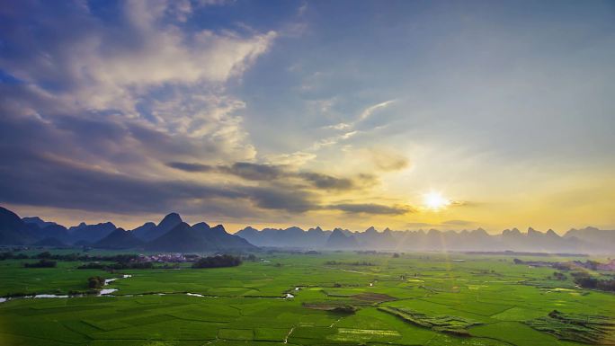 农业乡村唯美夕阳禾苗庄稼唯美自然风景