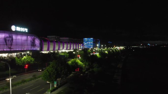 航拍城市繁华夜景，青岛东方影都，融创茂