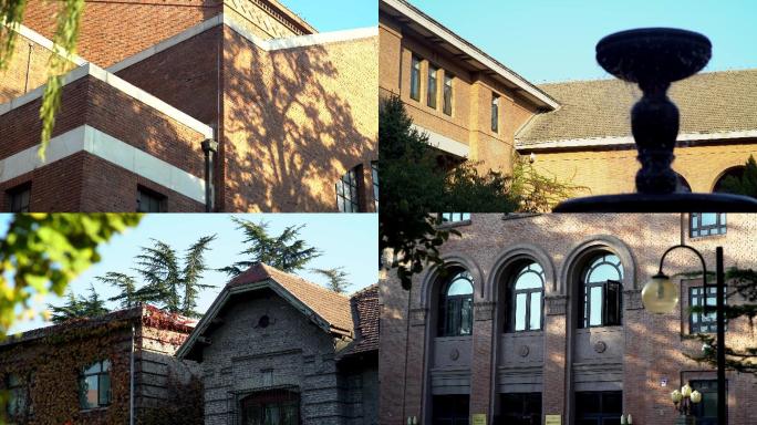 清华大学，校园秋天，老建筑，红砖蓝砖楼房