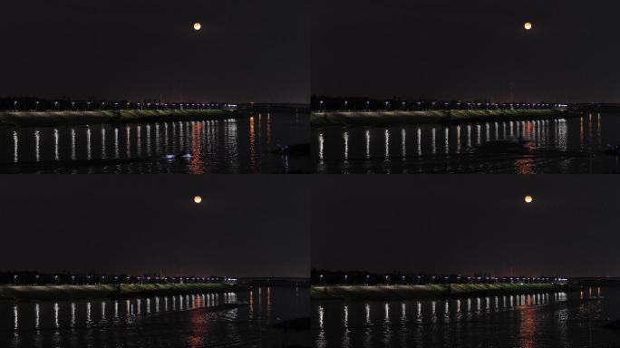 4K夜晚河堤路灯红月亮03