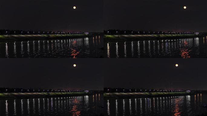 4K夜晚河堤路灯红月亮02
