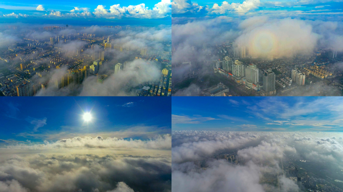 航拍广西北海市城市高空白云穿越视频