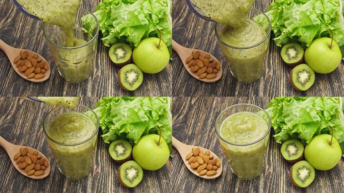 倾倒绿色蔬菜水果汁健康饮食