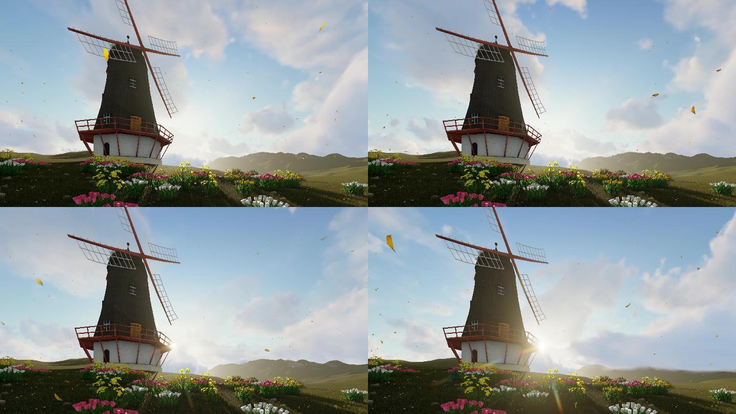 4k-卡通荷兰风车鲜花草地背景