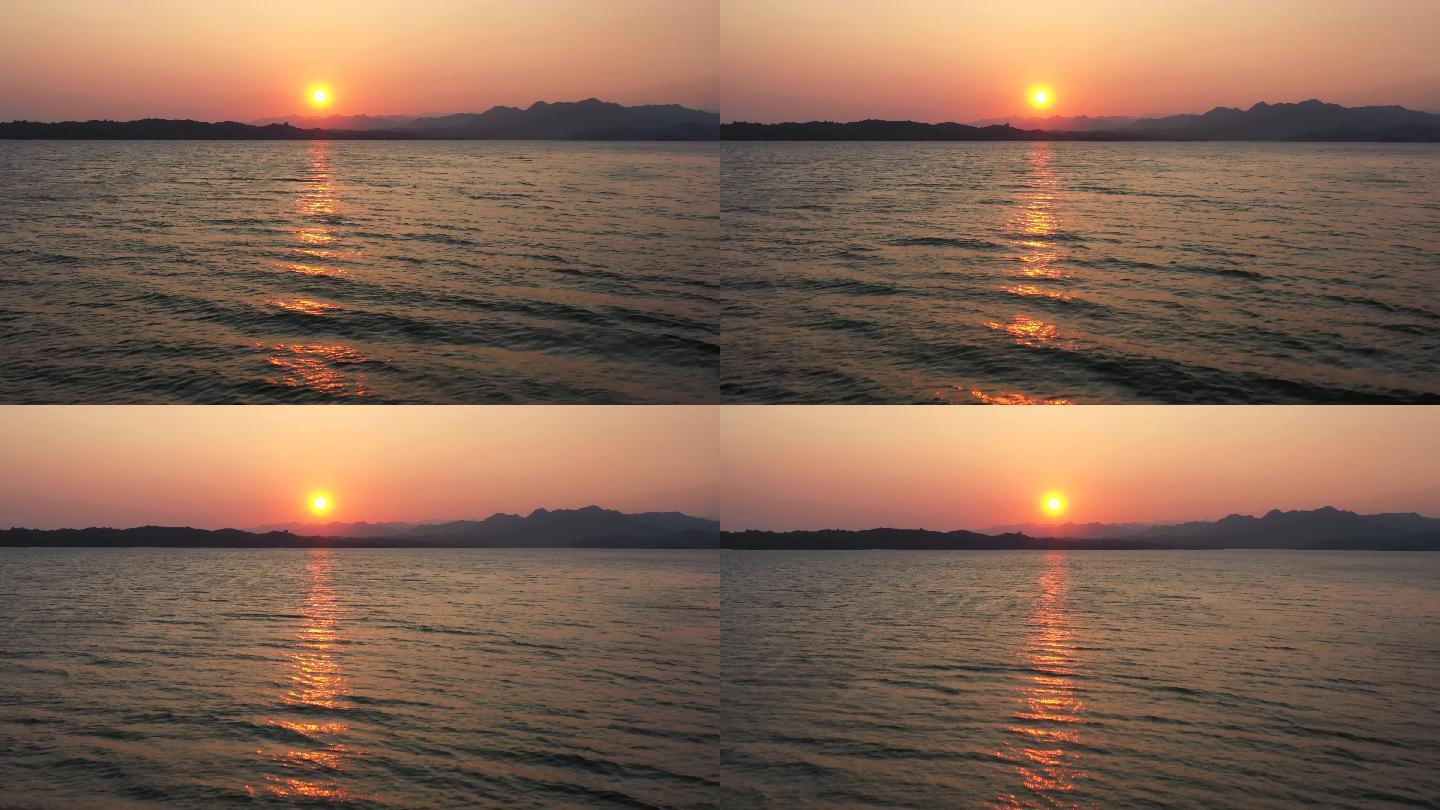 4K航拍湖面夕阳倒影