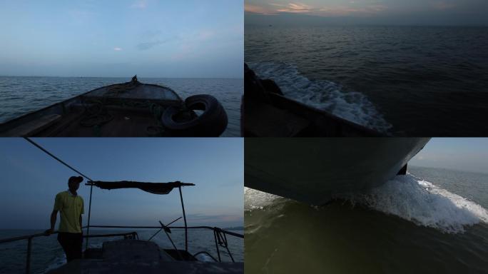 清晨海上行船渔船出海出海渔民打