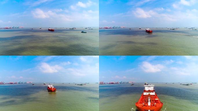 高清长江航拍-上海长江口轮船货运集装箱