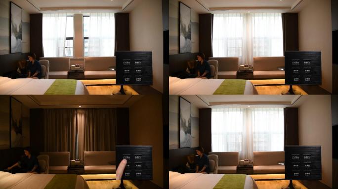 实拍酒店客房智能窗帘控制面板操作方法