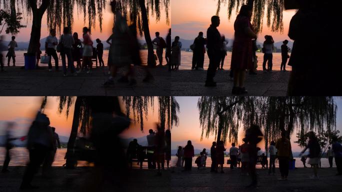 夕阳下的西湖人流延时摄影