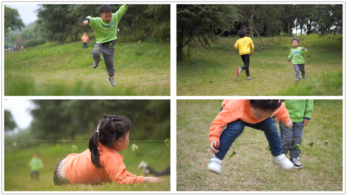 小孩子在草地上玩跳绳