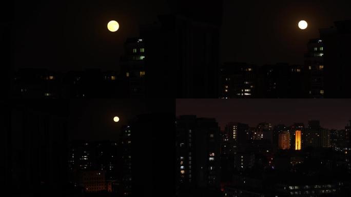 月亮，夜空寂静，夜晚城市，圆月