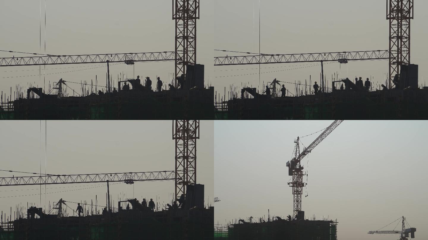 4K楼顶塔吊建筑工人施工剪影