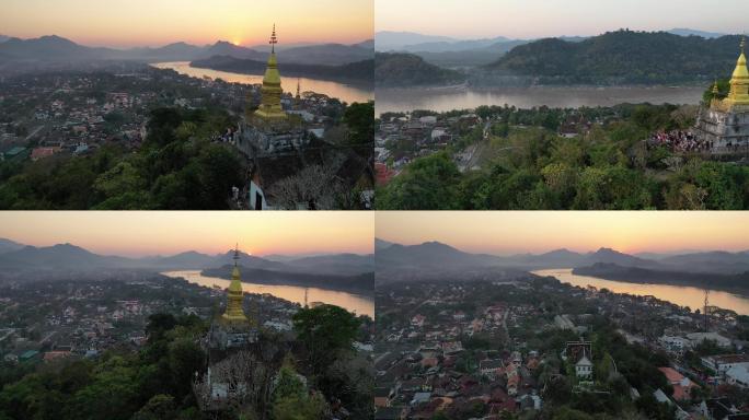 原创东南亚山顶佛教寺庙夕阳航拍俯瞰大气有