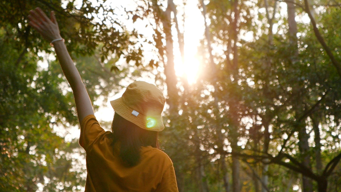 森林里女孩向太阳招手视频素材