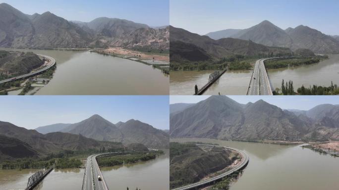 西北旅游黄河大桥伟大工程黄土高原河流航拍