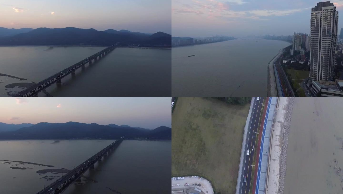 杭州滨江钱塘江大桥超长航拍素材