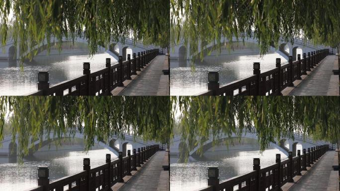小桥流水河边柳叶柳树飘飘