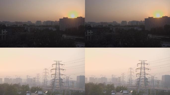 北京雾霾夕阳高压线路建筑工地4k素材