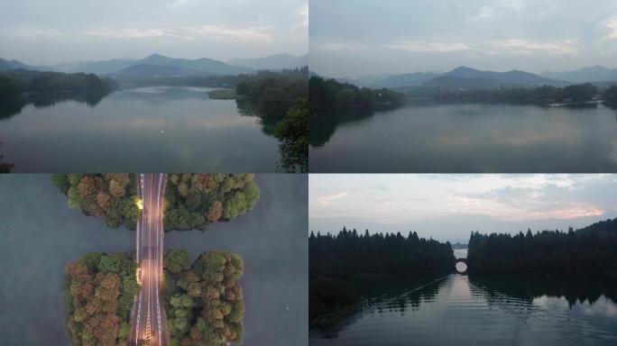 浙江杭州西湖景区茅家埠清晨航拍空境