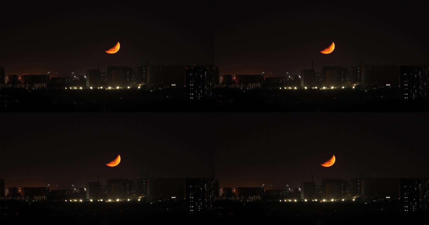 4K实拍城市的月光半月弯月月亮走