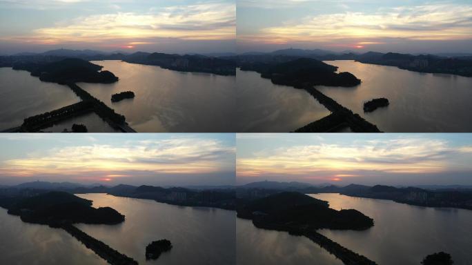 无人机航拍湖边傍晚夕阳西下