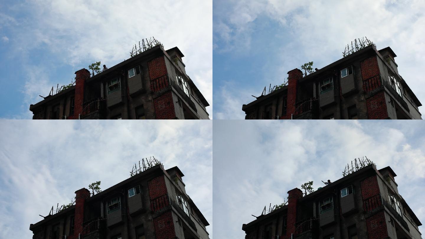 老房城市商品房楼房天空屋顶延时摄影