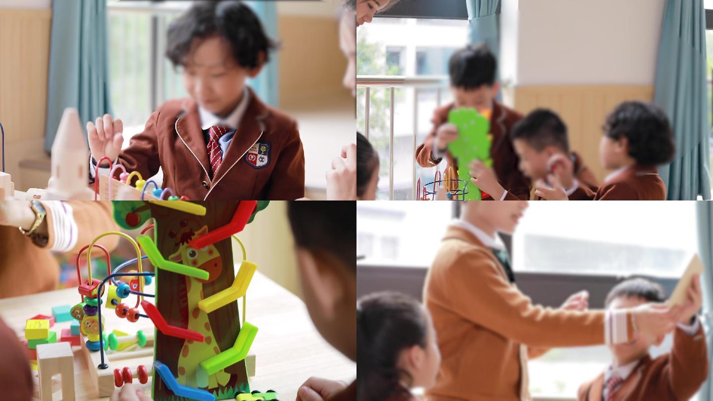 贵族学校小孩子上积木课玩耍