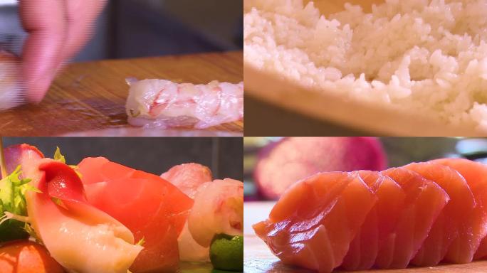 寿司生鱼片制作日式料理沙拉切鱼