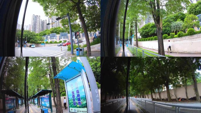 透过车窗拍摄公交车在城市中穿梭