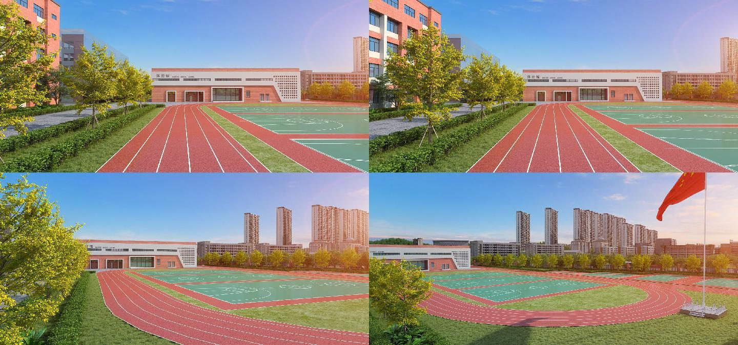 学校操场红旗飞扬跑道中学建筑动画