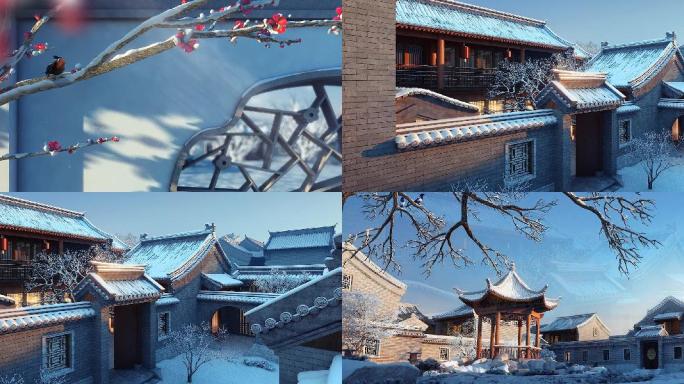 三维中式建筑雪景