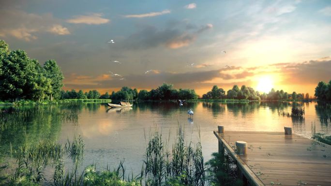 湿地公园三维生态意境湖景白鹭